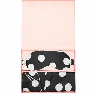 Victoria’s Secret Satin Eyemask and Pillowcase Black w White Polka Dot NEW